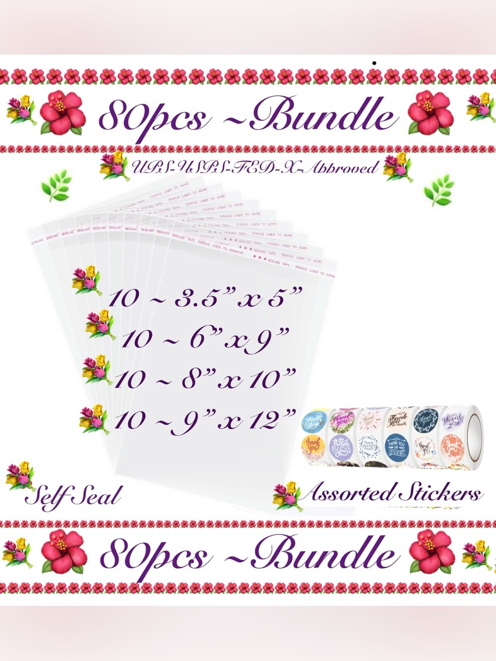 80pcs~Bundle-Clear Bags 10 each~ 3.5”x5, 6x9”, 8x10”,  9”x12” w/40 Stickers💐🆕💐